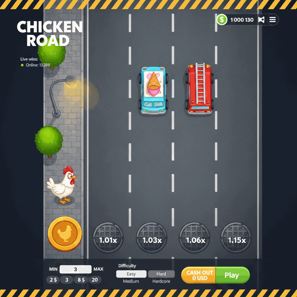 Gioco crash Chicken Road di InOut che mostra un pollo cartoon che attraversa una strada a più corsie con automobili, moltiplicatori crescenti visualizzati su tombini circolari su ogni corsia, grafica in stile cartone animato con vista dall'alto, marciapiede urbano con alberi e lampione sul lato sinistro, interfaccia di gioco con pulsanti di scommessa e opzioni di prelievo